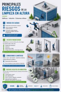 Infografía de 4 puntos titulada "Principales riesgos de la limpieza en altura en edificios e industria". Describe el riesgo de caídas de personal o herramientas, acceso inadecuado (plataformas, andamios, anclajes), condiciones climáticas como viento y lluvia en México, y riesgos ocultos en industria como contaminación cruzada, afectación a maquinaria y fallas en auditorías. Incluye pictogramas de peligro, escaleras y clima.
