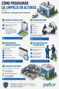 Infografía de 5 puntos titulada "Cómo programar la limpieza en alturas sin afectar la operación de la empresa". Explica: diagnóstico previo del área, coordinación con mantenimiento, operaciones y seguridad, programación en momentos estratégicos (antes de auditorías o cambios de turno), proveedor especializado como Peltor México con visión práctica, y ganancia en tres frentes: áreas limpias, sin paros innecesarios y control operativo. Iconos de calendario, engranajes, reloj y edificio industrial. ¿Necesitas que adapte estos textos alternativos para un CMS específico (WordPress, Shopify) o que los traduzca a inglés para entornos bilingües?
