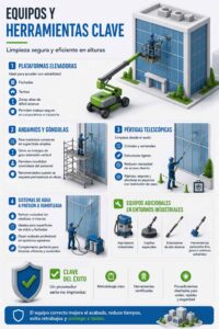 Infografía de 4 puntos titulada "Equipos y herramientas clave para una limpieza segura y eficiente". Muestra plataformas elevadoras para fachadas y techos, andamios y góndolas para superficies amplias, pértigas telescópicas para limpieza desde el suelo, y sistemas de agua a presión u osmotizada sin residuos. Además incluye equipos industriales como aspiradoras, cepillos especiales y extensiones de alto alcance. Iconos de herramientas, cascos y edificios industriales.
