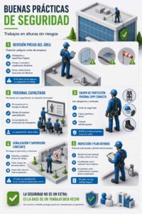 Infografía de 5 puntos titulada "Buenas prácticas de seguridad para trabajos en alturas". Detalla: revisión previa del área (obstáculos, clima), personal capacitado, uso correcto de EPP (arnés, casco, guantes, calzado antiderrapante), señalización y supervisión constante, e inspección de anclajes y plan definido. Resalta que la seguridad no es un extra, sino la base del trabajo bien hecho. Iconos de escudo, arnés, señal de advertencia y lista de verificación.