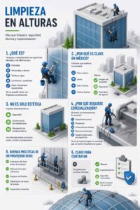 Infografía titulada "Limpieza en alturas: más que limpieza, seguridad, técnica y especialización". Muestra seis secciones: qué es la limpieza en alturas (fachadas, techos, luminarias, etc.), por qué es clave en México por polvo, lluvia y calor, que no es solo estética sino seguridad y profesionalismo, por qué requiere especialización (diagnóstico, planeación, personal entrenado), buenas prácticas de un proveedor serio y claves para contratar. Incluye íconos de edificios, herramientas y casco de seguridad.